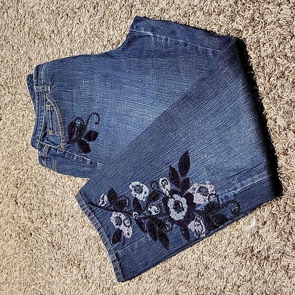 Talbots Jeans Y2K Embroidery Floral Dark Wash 12 Stretch Fall Sequin Stretch